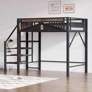 Hoogslaper van zwart en donker hout, 140x200cm met uitvalbeveiliging en trap, metaal + MDF (matras niet inbegrepen) Hoogslaper van zwart en donker hout, 140x200cm met uitvalbeveiliging en trap, metaal + MDF (matras niet inbegrepen)