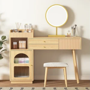Kaptafel in natuurlijke kleur met LED-spiegel, 1 deur en 3 lades – geschikt voor slaapkamer en kleedkamer (zonder kruk) Kaptafel in natuurlijke kleur met LED-spiegel, 1 deur en 3 lades – geschikt voor slaapkamer en kleedkamer (zonder kruk)