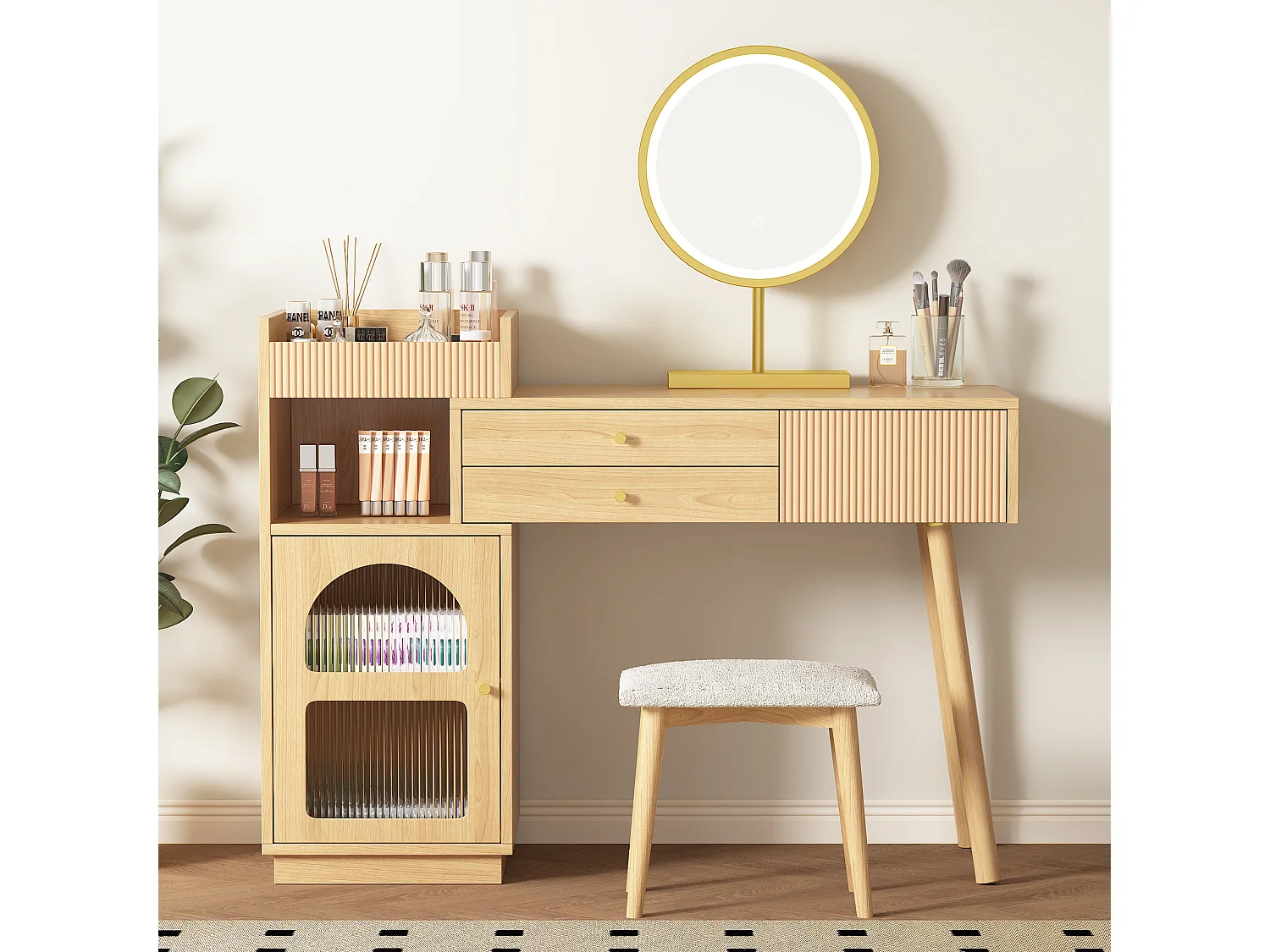 Kaptafel in natuurlijke kleur met LED-spiegel, 1 deur en 3 lades - geschikt voor slaapkamer en kleedkamer (zonder kruk)
