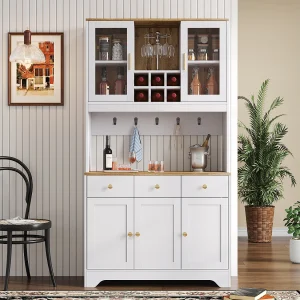 Hoog dressoir met 5 deuren, 3 laden en open vakken, wit – voor woon- en eetkamers Hoog dressoir met 5 deuren, 3 laden en open vakken, wit – voor woon- en eetkamers