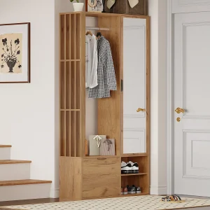 Houten kapstok met hangstang, spiegel en opbergruimte – Voor hal en woonkamer Houten kapstok met hangstang, spiegel en opbergruimte – Voor hal en woonkamer