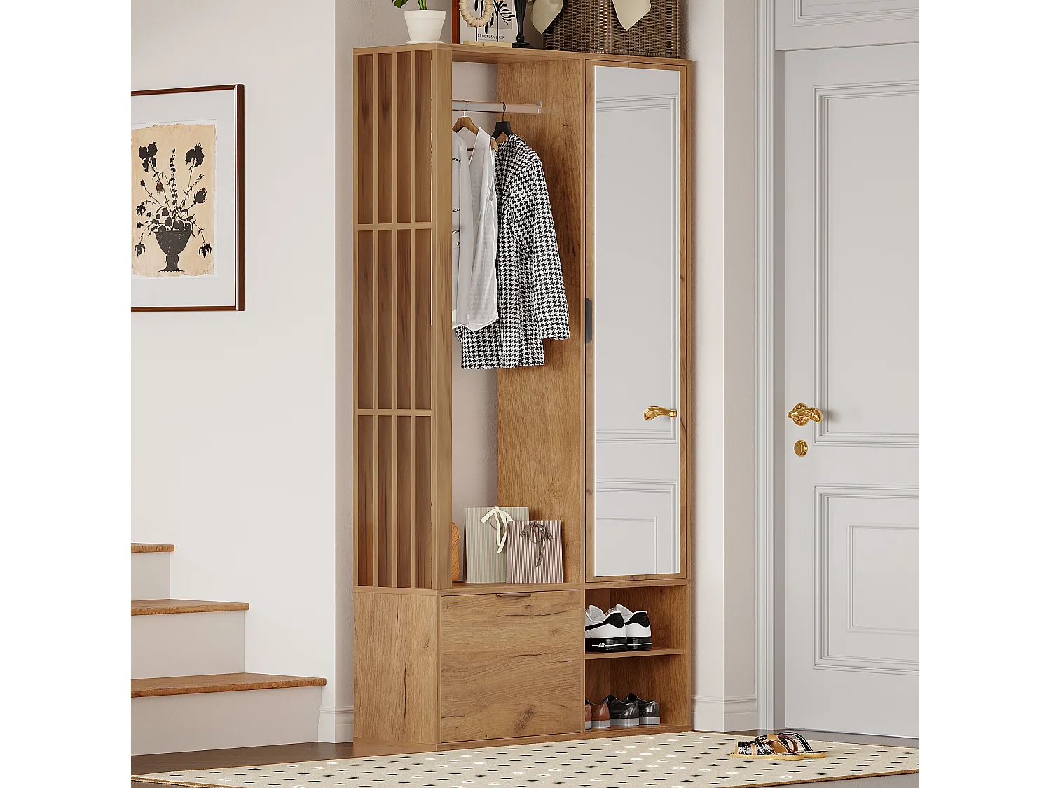 Houten kapstok met hangstang, spiegel en opbergruimte – Voor hal en woonkamer