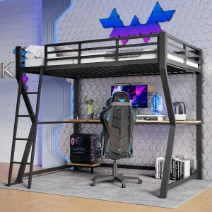 Hoogslaper 90×200 cm, zwart, jeugdbed met LED-verlichting en USB, bureau – zonder matras Hoogslaper 90×200 cm, zwart, jeugdbed met LED-verlichting en USB, bureau – zonder matras