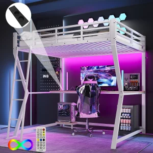 Hoogslaper 140×200 cm, wit, volwassen bed met LED-verlichting en USB, bureau – zonder matras Hoogslaper 140×200 cm, wit, volwassen bed met LED-verlichting en USB, bureau – zonder matras