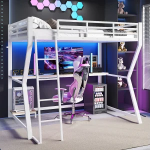 Hoogslaper 90×200 cm, wit, jeugdbed met LED-verlichting en USB, bureau – zonder matras Hoogslaper 90×200 cm, wit, jeugdbed met LED-verlichting en USB, bureau – zonder matras