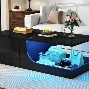 Hoogglans salontafel 100x50x30 cm – met 2 lades – met LED-verlichting – gehard glas – MDF – zwart Hoogglans salontafel 100x50x30 cm – met 2 lades – met LED-verlichting – gehard glas – MDF – zwart