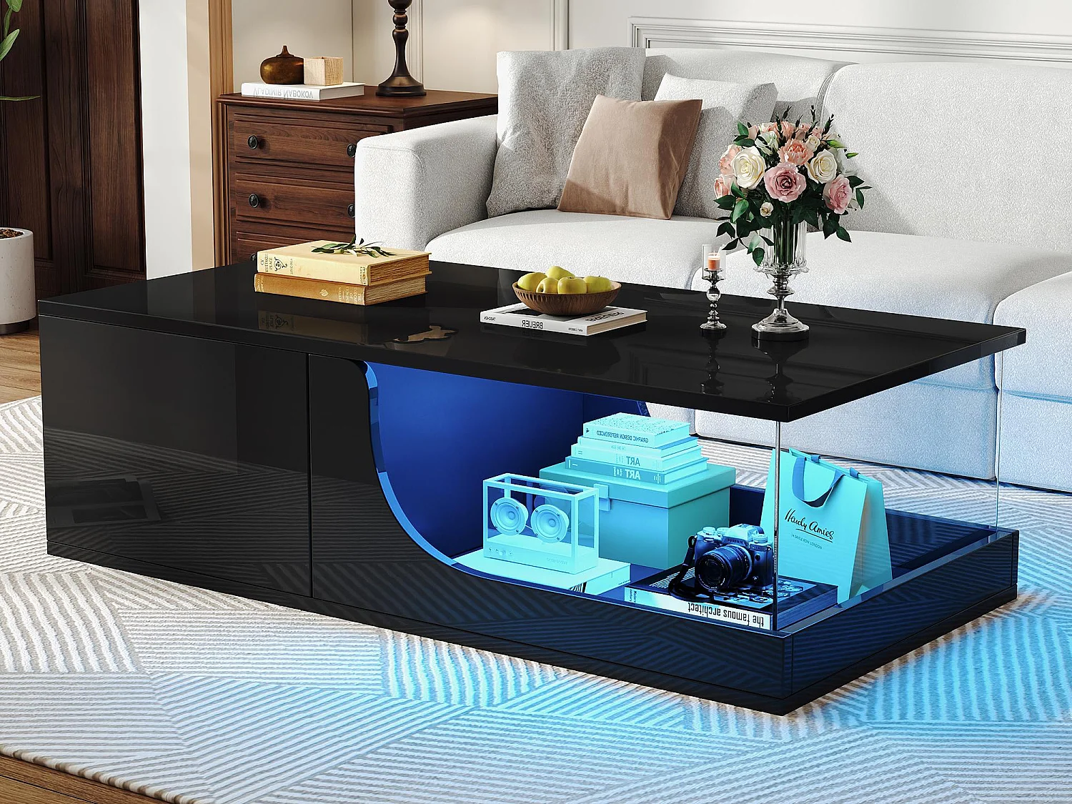 Hoogglans salontafel 100x50x30 cm - met 2 lades - met LED-verlichting - gehard glas - MDF - zwart