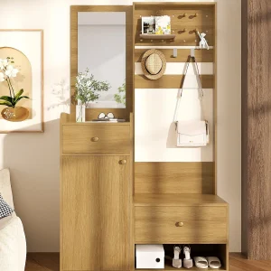 Inkomhal garderobeset 105x38x180 cm – met spiegel – met verstelbare haken – 2 lades en 1 deur – Natuur Inkomhal garderobeset 105x38x180 cm – met spiegel – met verstelbare haken – 2 lades en 1 deur – Natuur