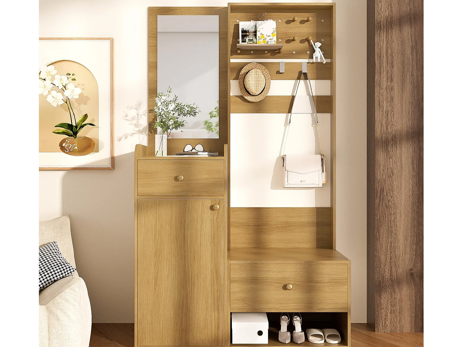 Inkomhal garderobeset 105x38x180 cm - met spiegel - met verstelbare haken - 2 lades en 1 deur - Natuur