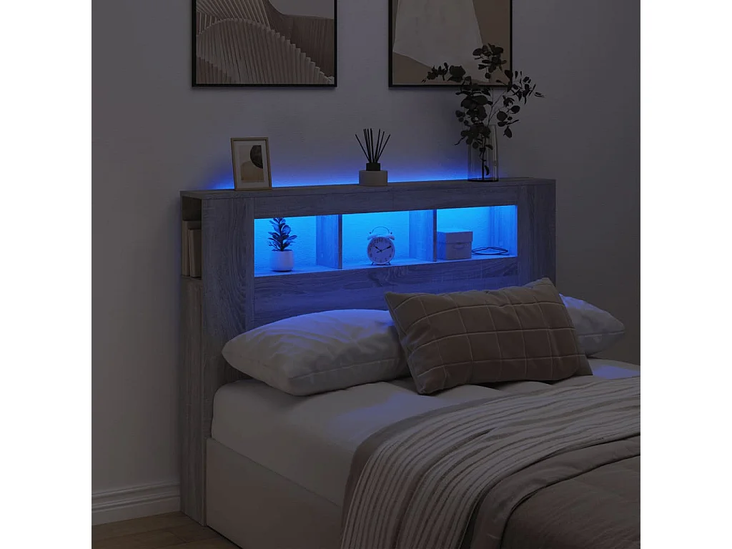 Hoofdbord | Hoofdeinde met LED 140x18,5x103,5 cm bewerkt hout grijs sonoma