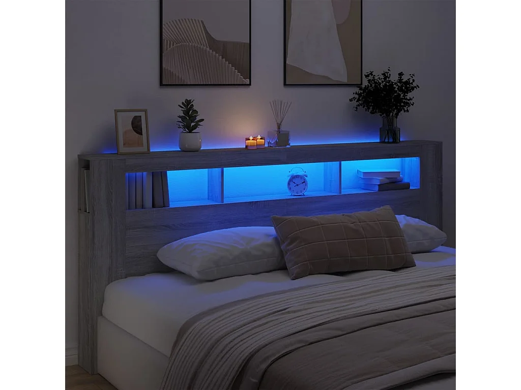Hoofdbord | Hoofdeinde met LED 220x18,5x103,5 cm bewerkt hout grijs sonoma