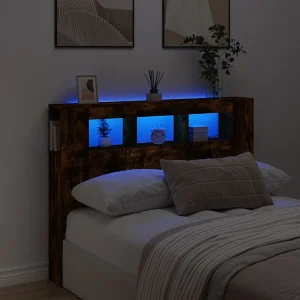 Hoofdbord | Hoofdeinde met LED 140×18,5×103,5 cm bewerkt hout gerookt eiken Hoofdbord | Hoofdeinde met LED 140×18,5×103,5 cm bewerkt hout gerookt eiken