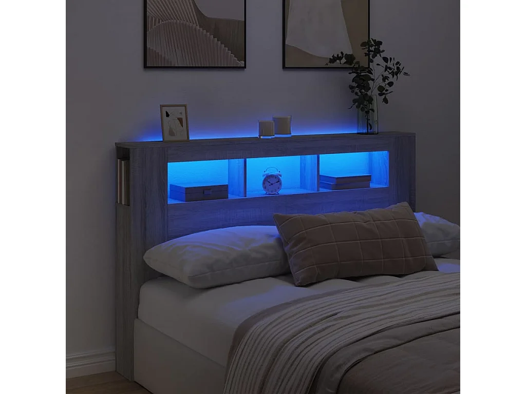 Hoofdbord | Hoofdeinde met LED 160x18,5x103,5 cm bewerkt hout grijs sonoma