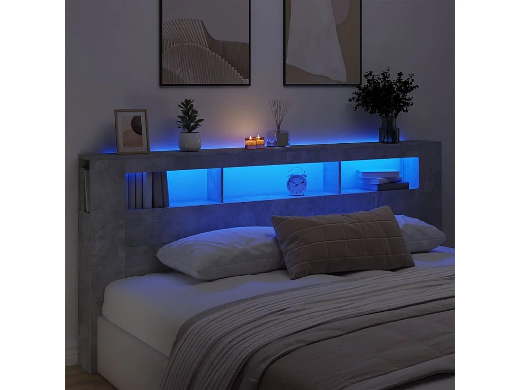 Hoofdbord | Hoofdeinde met LED 220x18,5x103,5 cm bewerkt hout betongrijs