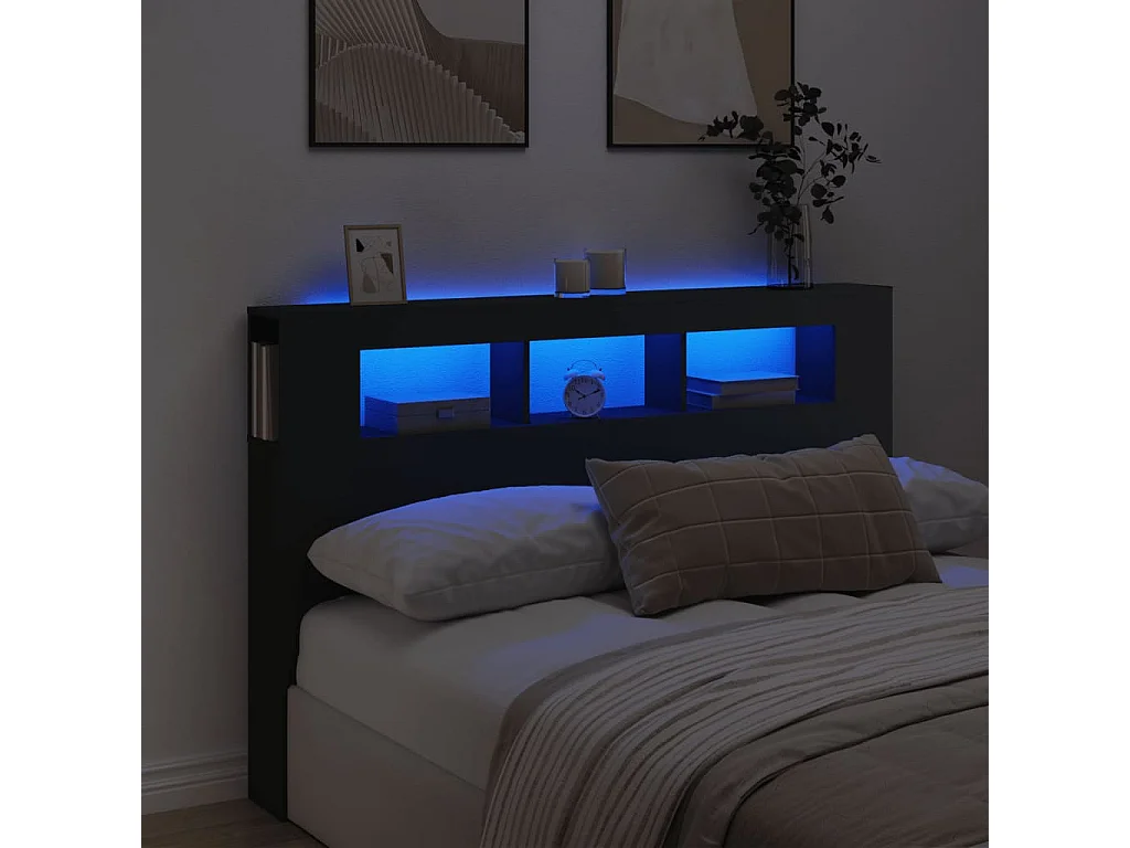 Hoofdbord | Hoofdeinde met LED 160x18,5x103,5 cm bewerkt hout zwart