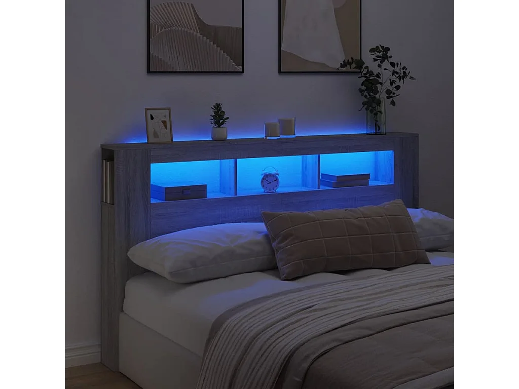 Hoofdbord | Hoofdeinde met LED 180x18,5x103,5 cm bewerkt hout grijs sonoma