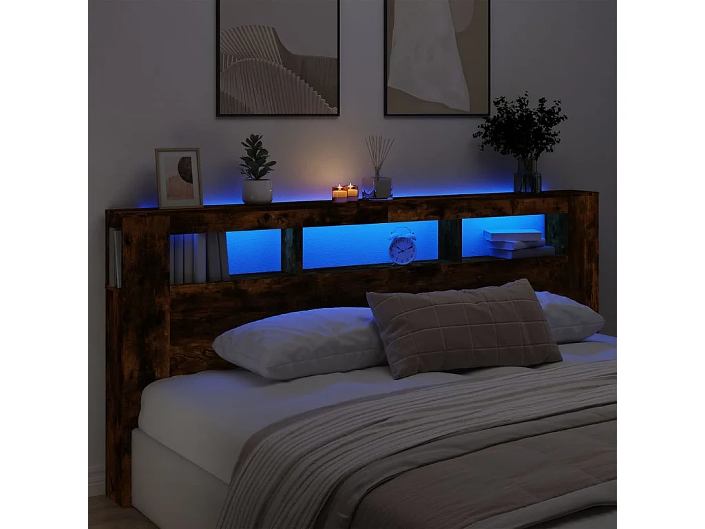 Hoofdbord | Hoofdeinde met LED 220x18,5x103,5 cm bewerkt hout gerookt eiken