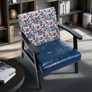 Japanse bijzetbank – blauw/rood bloemencanvas en zwarte PU-armleuningen – Mid-Century vintage design Japanse bijzetbank – blauw/rood bloemencanvas en zwarte PU-armleuningen – Mid-Century vintage design