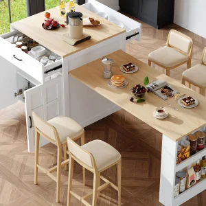 Centrale keukeneiland met 2 deuren en 2 lades – Uitklapbaar bord – 133(202)x59x93,5 cm – Voor 2 tot 6 personen – Wit + Natuurlijk Centrale keukeneiland met 2 deuren en 2 lades – Uitklapbaar bord – 133(202)x59x93,5 cm – Voor 2 tot 6 personen – Wit + Natuurlijk