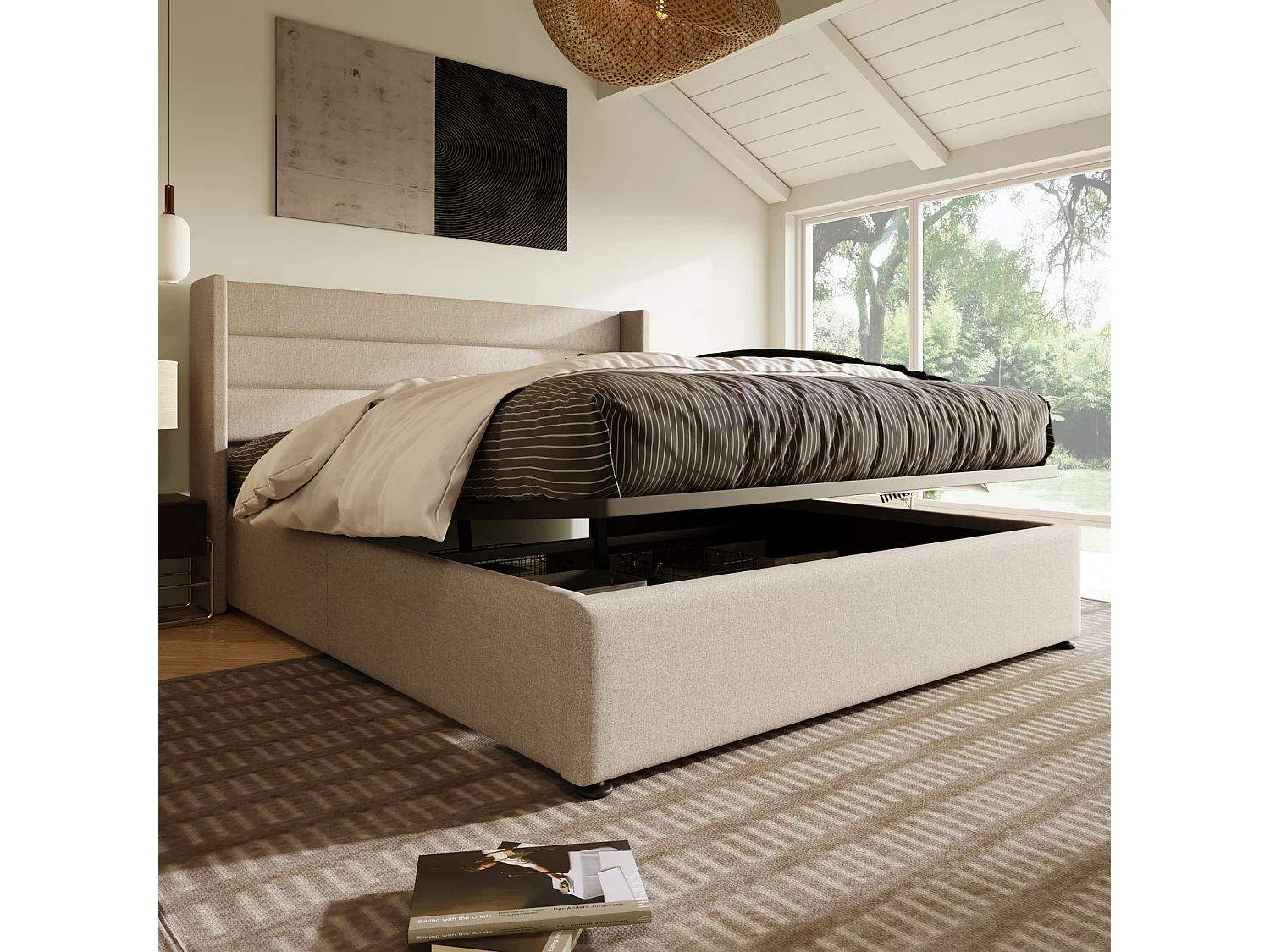 Hydraulisch gestoffeerd tweepersoonsbed met opbergruimte, houten lattenbodem, beige, 160x200 cm