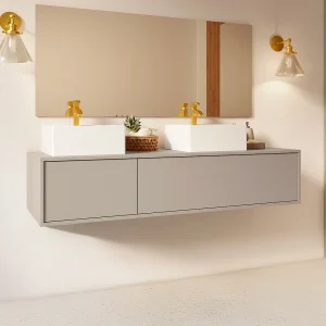 Hangend badkamermeubel met dubbele wastafel, beige kleur, B150 x H32 cm, ISAURE Hangend badkamermeubel met dubbele wastafel, beige kleur, B150 x H32 cm, ISAURE