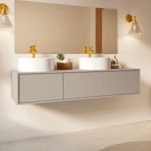 Hangend badkamermeubel met dubbele ronde wastafel, beige, L150 x H32 cm, ISAURE