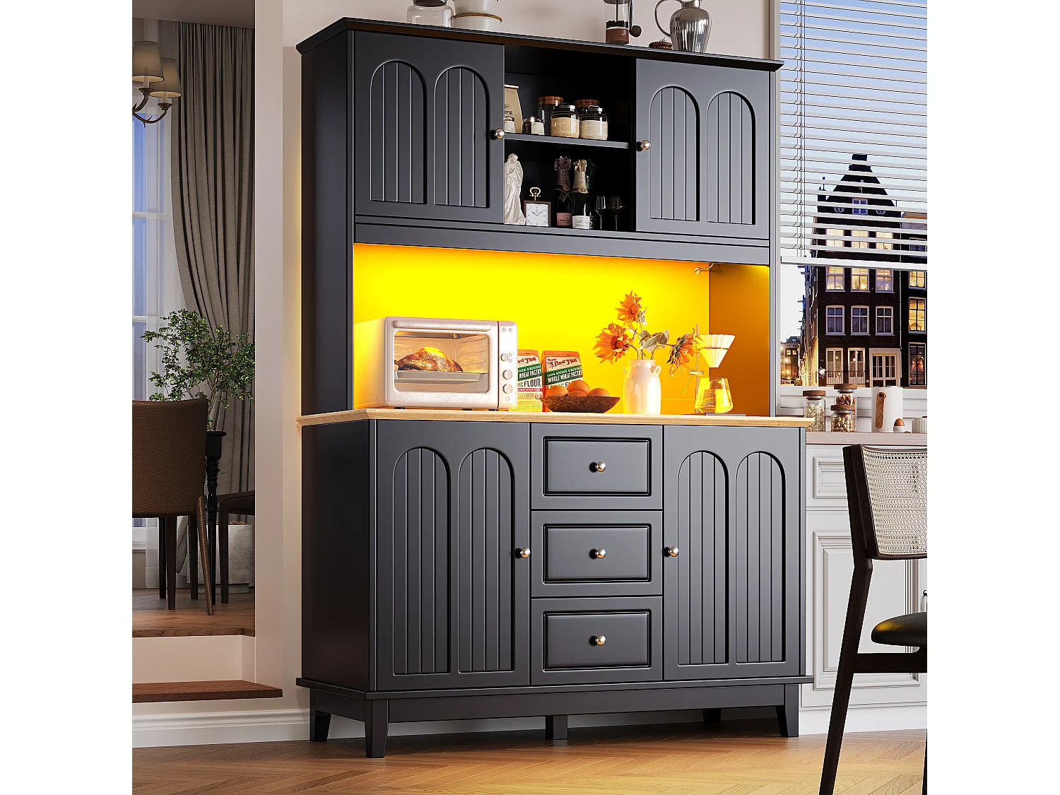 Hoogwaardig keukenkastje - 120 x 40 x 180 cm - met LED's + 3 laden + 4 deuren - MDF - zwart