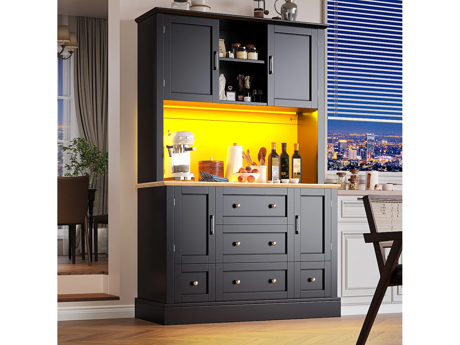 Hoogwaardig keukenkastje - 115 x 40 x 180 cm - met LED's + 3 laden + 4 deuren - MDF - zwart