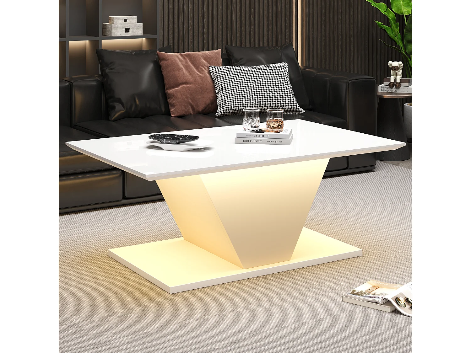 Hoogglans salontafel - 100 x 50 x 46 cm - met LED's - V-vormig - spaanplaat - wit
