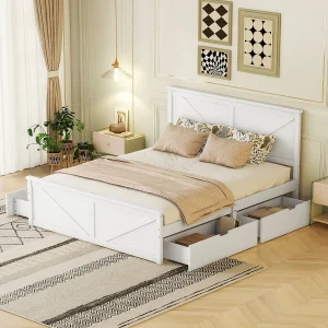 Houten bed 160×200 met 4 lades, houten hoofdeinde, wit (206×167,5×98 cm) Houten bed 160×200 met 4 lades, houten hoofdeinde, wit (206×167,5×98 cm)