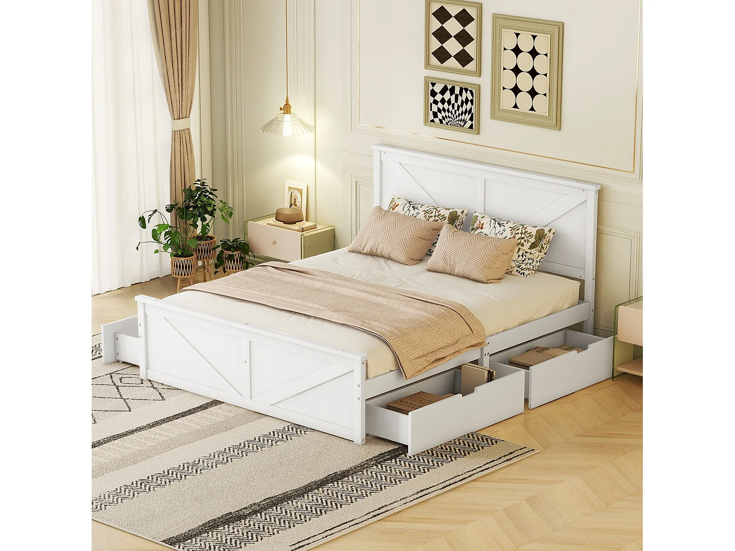 Houten bed 160x200 met 4 lades, houten hoofdeinde, wit (206x167,5x98 cm)