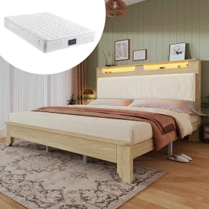 Houten tweepersoonsbed 140×200 cm, hoofdeinde met ledverlichting en beige corduroy rugleuning, houten frame met lattenbodem, licht hout (140x200x110 cm) Houten tweepersoonsbed 140×200 cm, hoofdeinde met ledverlichting en beige corduroy rugleuning, houten frame met lattenbodem, licht hout (140x200x110 cm)