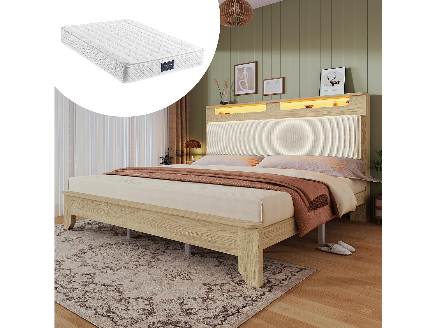 Houten tweepersoonsbed 140x200 cm, hoofdeinde met ledverlichting en beige corduroy rugleuning, houten frame met lattenbodem, licht hout (140x200x110 cm)