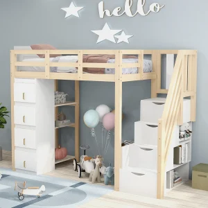 Hoogslaper 90×200 cm met opbergladen, 3-laags legplank, veilige ladder met laden, massief hout, natuurlijke houtkleur Hoogslaper 90×200 cm met opbergladen, 3-laags legplank, veilige ladder met laden, massief hout, natuurlijke houtkleur