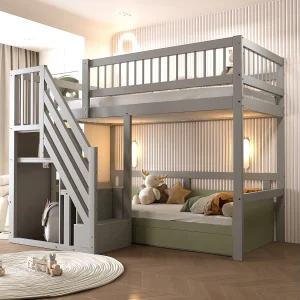 Hoogslaper 90×200 cm met opbergladder, massief houten frame, hoge prestaties, grijs (205x142x173 cm) Hoogslaper 90×200 cm met opbergladder, massief houten frame, hoge prestaties, grijs (205x142x173 cm)