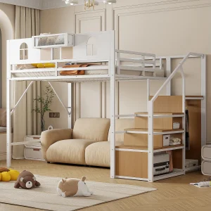 Hoogslaper 140×200 cm met opbergladder, ramen, frame van hout en metaal, wit (255×145,5×187 cm) Hoogslaper 140×200 cm met opbergladder, ramen, frame van hout en metaal, wit (255×145,5×187 cm)