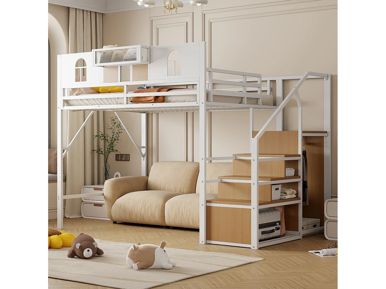 Hoogslaper 140x200 cm met opbergladder, ramen, frame van hout en metaal, wit (255x145,5x187 cm)