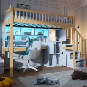 Hoogslaper 90×200 cm met LED, opbergladder, planken, bureau, natuurlijk hout en wit (250x95x165 cm) Hoogslaper 90×200 cm met LED, opbergladder, planken, bureau, natuurlijk hout en wit (250x95x165 cm)