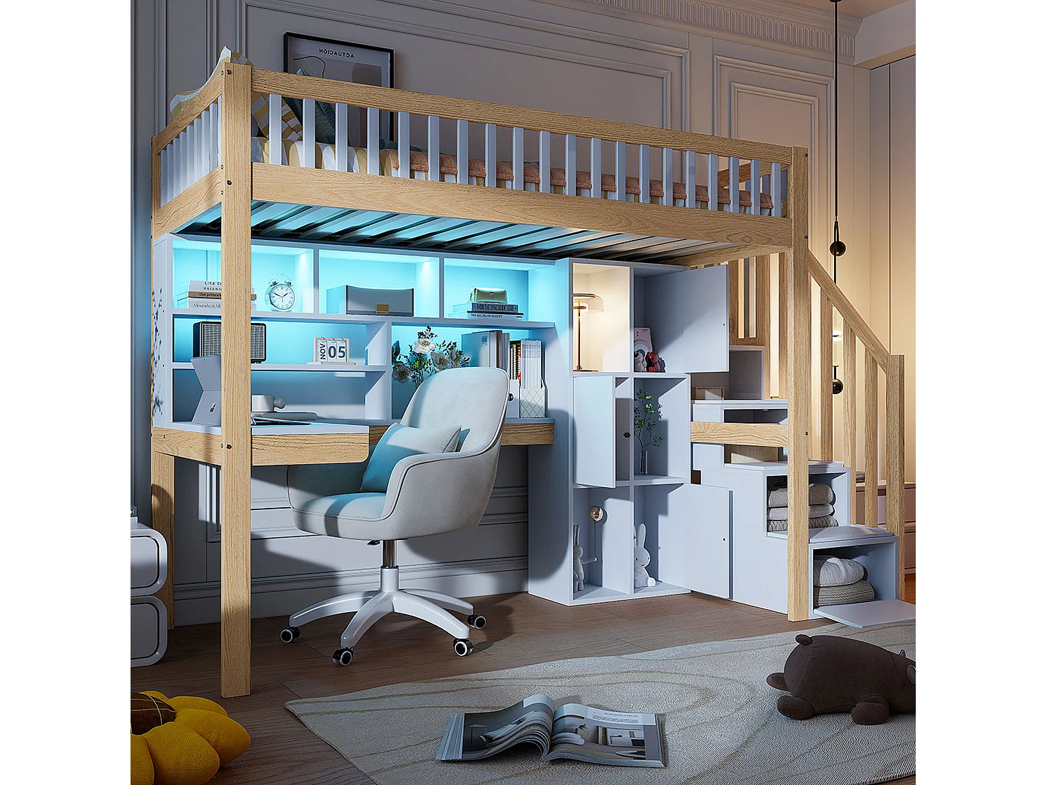 Hoogslaper 90x200 cm met LED, opbergladder, planken, bureau, natuurlijk hout en wit (250x95x165 cm)