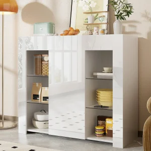 Hoogglans Wit Dressoir – Dressoir met 1 Deur en 6 Open Opbergvakken – Glazen Planken en Deuren Hoogglans Wit Dressoir – Dressoir met 1 Deur en 6 Open Opbergvakken – Glazen Planken en Deuren