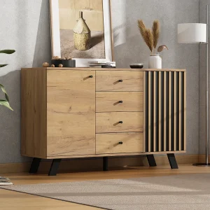 Houten dressoir – Dressoir met 2 deuren en 4 laden – holle houten lattenconstructie – vijf zwarte houten poten Houten dressoir – Dressoir met 2 deuren en 4 laden – holle houten lattenconstructie – vijf zwarte houten poten