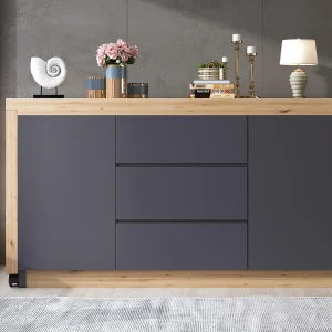 Hoekschrijftafel 120x50x76.5 cm – Draaibaar blad – 3 lades en 2 deuren – Met vergrendelbare wieltjes – Grijs+natuur