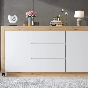 Hoekschrijftafel 120x50x76.5 cm – Draaibaar blad – 3 lades en 2 deuren – met vergrendelbare wieltjes – Wit+natuur