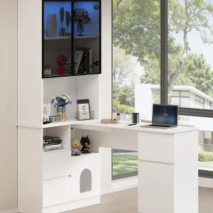 Hoekschrijftafel 120x80x180 cm – 4 deuren en 3 lades – Vitrine met LED – Rustruimte voor huisdieren – Wit