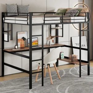 Hoogslaper kind 90×200 cm met bureau en opbergplank, zwart – zonder matras Hoogslaper kind 90×200 cm met bureau en opbergplank, zwart – zonder matras