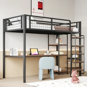Hoogslaper 90×200 cm met bureau en planken, zwart – zonder matras