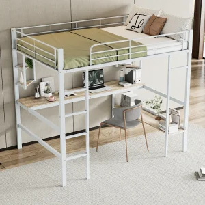 Hoogslaper volwassene 140×200 cm met bureau en opbergplank, wit – zonder matras Hoogslaper volwassene 140×200 cm met bureau en opbergplank, wit – zonder matras