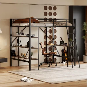 Hoogslaper 90×200 cm met bureau en 3 opbergplanken, zwart – zonder matras
