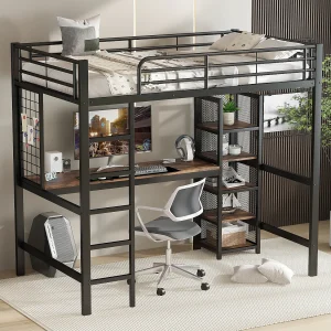 Hoogslaper eenpersoonsbed 90×200 cm met bureau en opbergrek, zwart metaal – zonder matras Hoogslaper eenpersoonsbed 90×200 cm met bureau en opbergrek, zwart metaal – zonder matras