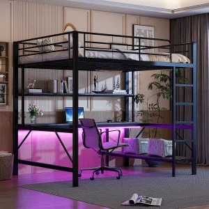 Hoogslaper 140×200 cm met USB- en LED-verlichting, planken en bureau, zwart – zonder matras Hoogslaper 140×200 cm met USB- en LED-verlichting, planken en bureau, zwart – zonder matras